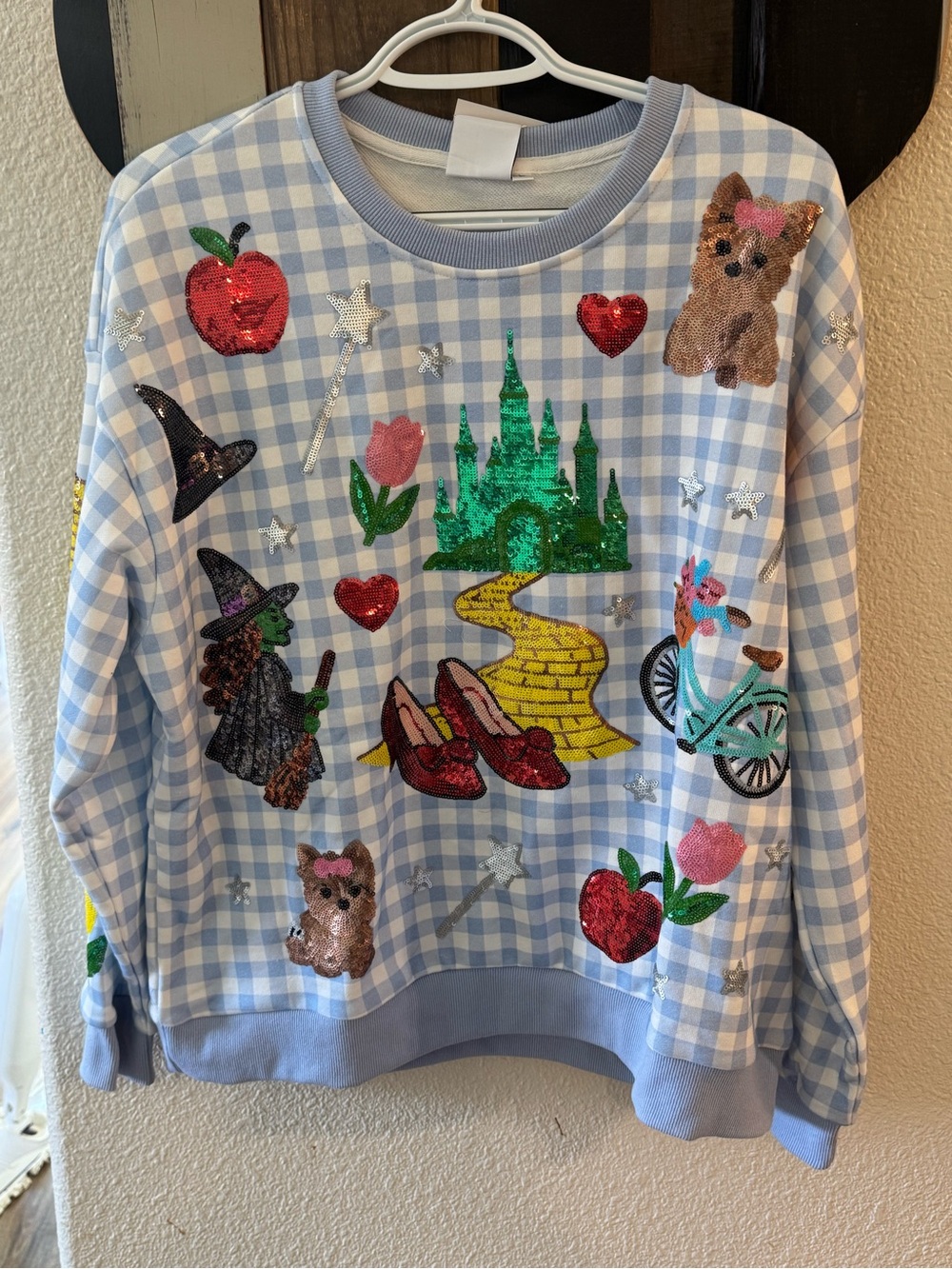 Girls' Light Blue Gingham Sequin Appliqué Sweatshirt
